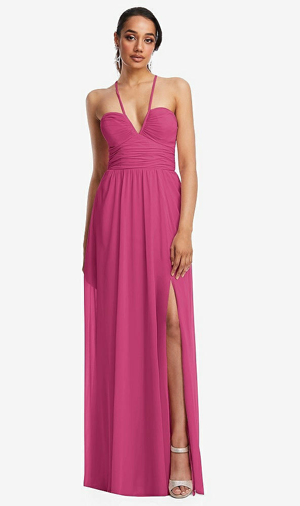 Front View - Tea Rose Plunging V-Neck Criss Cross Strap Back Maxi Dress