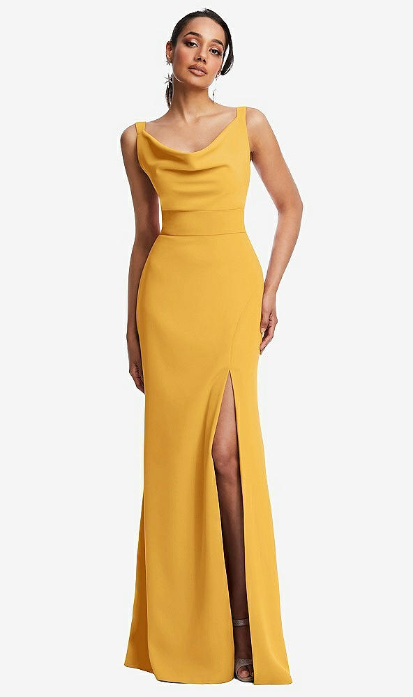 Front View - NYC Yellow Cowl-Neck Wide Strap Crepe Trumpet Gown with Front Slit