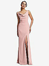 Front View Thumbnail - Rose - PANTONE Rose Quartz Cowl-Neck Wide Strap Crepe Trumpet Gown with Front Slit