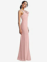 Side View Thumbnail - Rose - PANTONE Rose Quartz Cowl-Neck Wide Strap Crepe Trumpet Gown with Front Slit