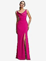 Front View Thumbnail - Think Pink Cowl-Neck Wide Strap Crepe Trumpet Gown with Front Slit