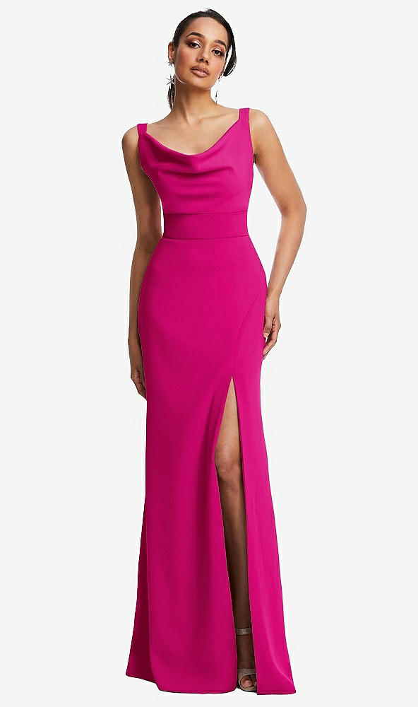 Front View - Think Pink Cowl-Neck Wide Strap Crepe Trumpet Gown with Front Slit