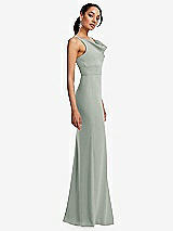 Side View Thumbnail - Willow Green Cowl-Neck Wide Strap Crepe Trumpet Gown with Front Slit