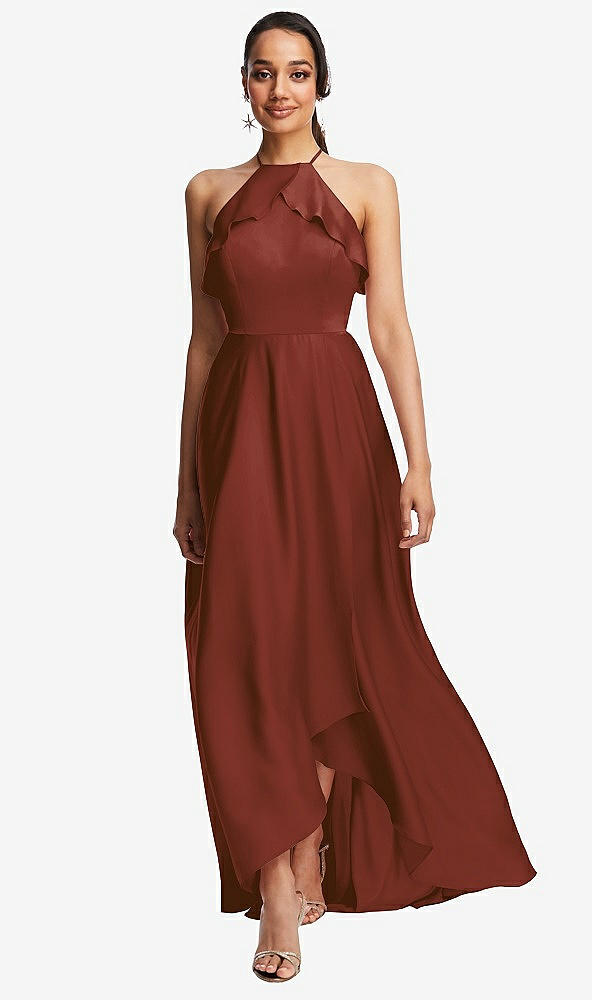 Front View - Auburn Moon Ruffle-Trimmed Bodice Halter Maxi Dress with Wrap Slit