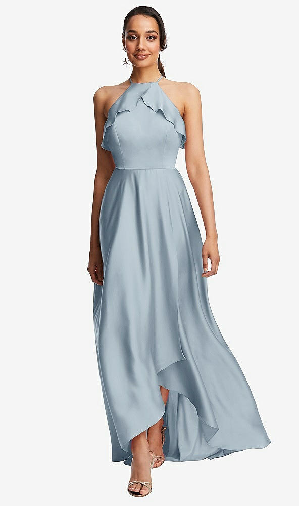 Front View - Mist Ruffle-Trimmed Bodice Halter Maxi Dress with Wrap Slit