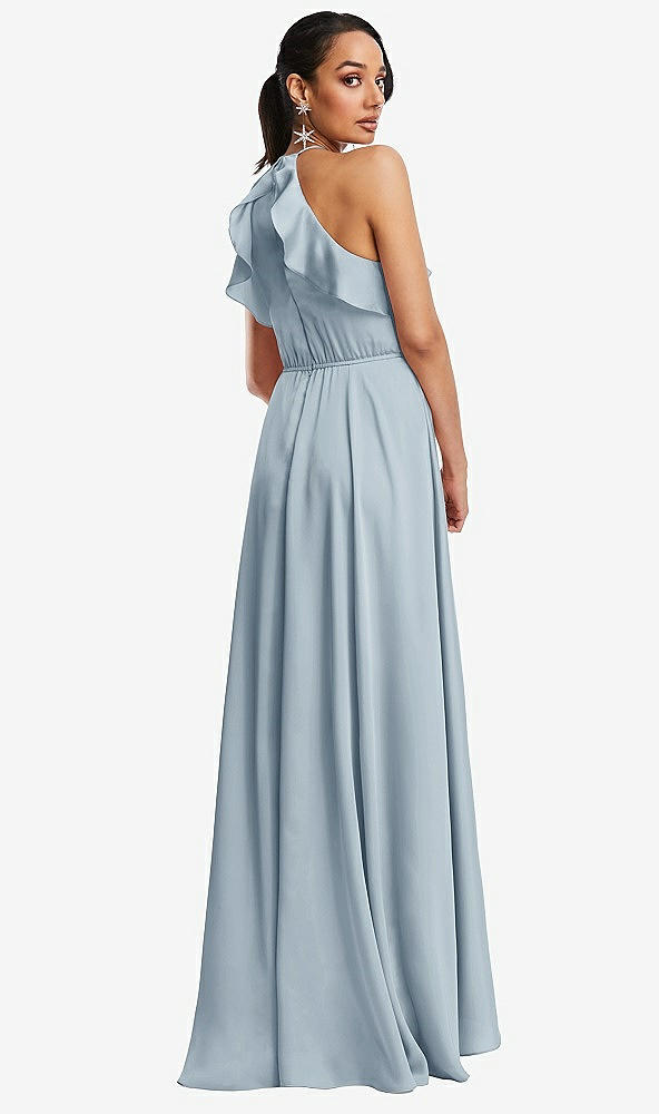 Back View - Mist Ruffle-Trimmed Bodice Halter Maxi Dress with Wrap Slit