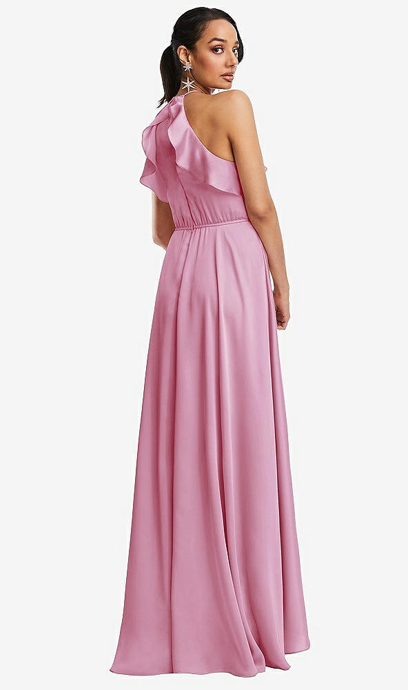 Back View - Powder Pink Ruffle-Trimmed Bodice Halter Maxi Dress with Wrap Slit