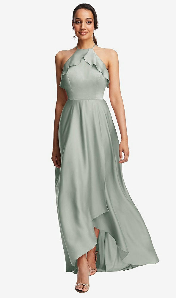 Front View - Willow Green Ruffle-Trimmed Bodice Halter Maxi Dress with Wrap Slit