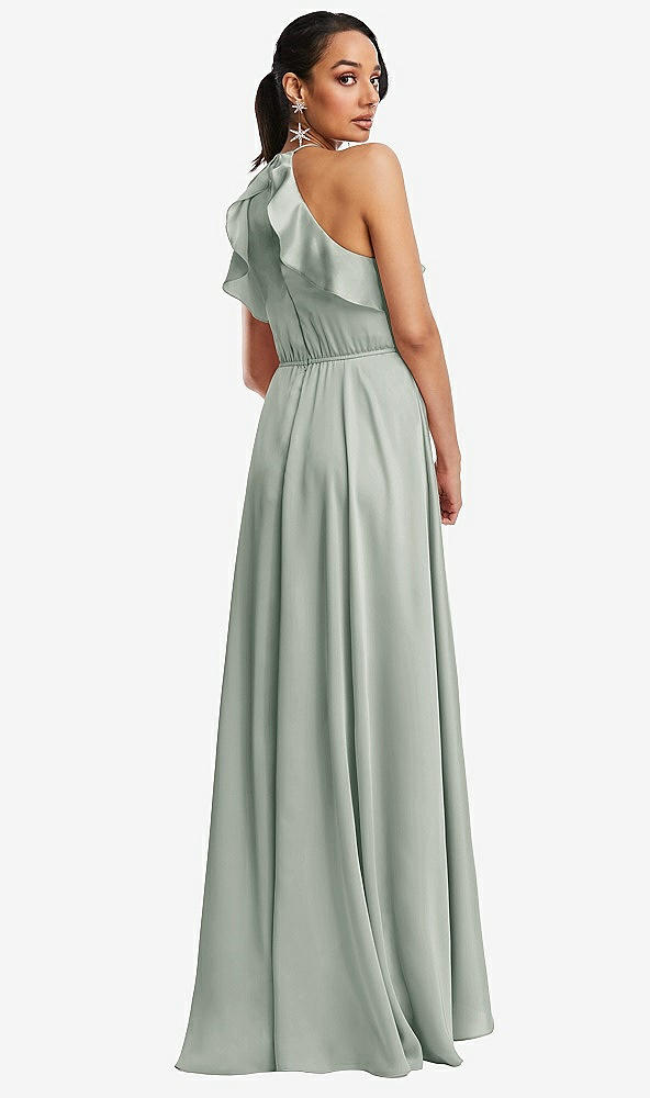 Back View - Willow Green Ruffle-Trimmed Bodice Halter Maxi Dress with Wrap Slit