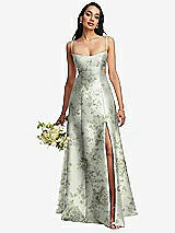 Alt View 1 Thumbnail - Sage Cottage Rose Open Neck Cutout Floral Satin A-Line Gown with Pockets