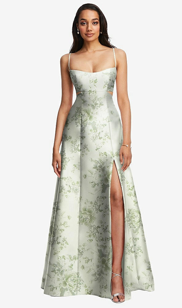 Front View - Sage Cottage Rose Open Neck Cutout Floral Satin A-Line Gown with Pockets