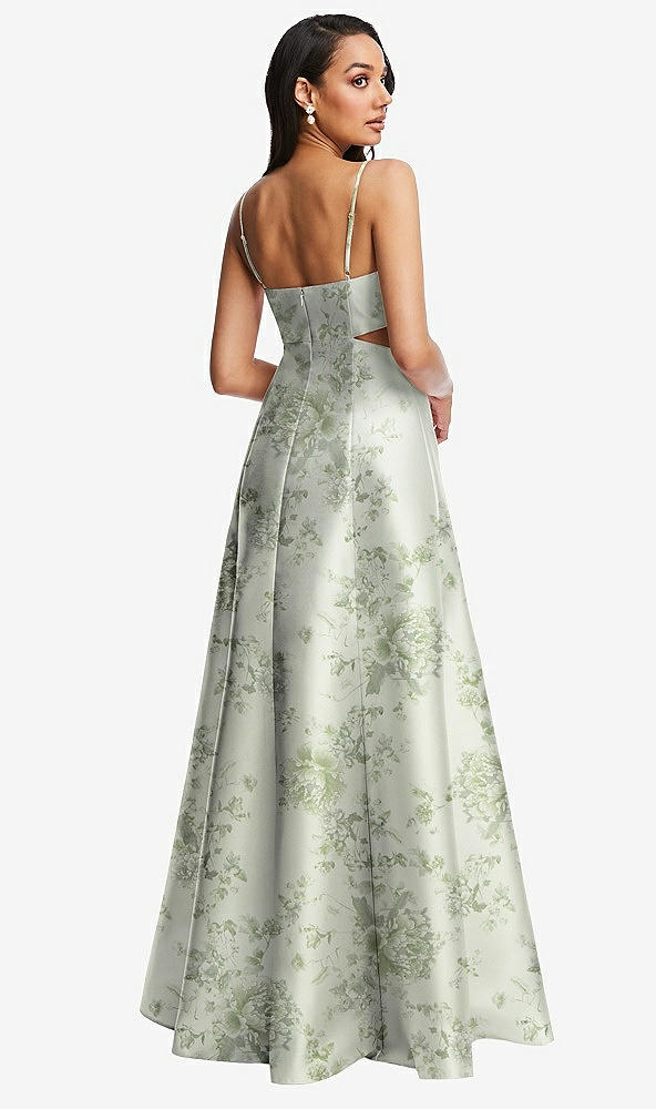 Back View - Sage Cottage Rose Open Neck Cutout Floral Satin A-Line Gown with Pockets