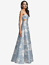 Side View Thumbnail - Porcelain Blue Seraphina Floral Open Neck Cutout Floral Satin A-Line Gown with Pockets