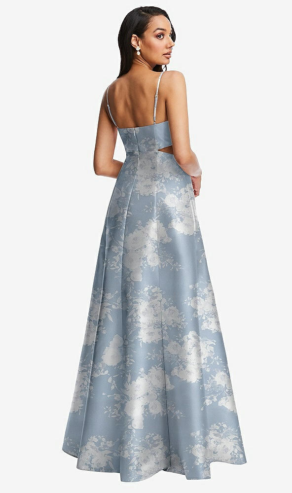 Back View - Porcelain Blue Seraphina Floral Open Neck Cutout Floral Satin A-Line Gown with Pockets