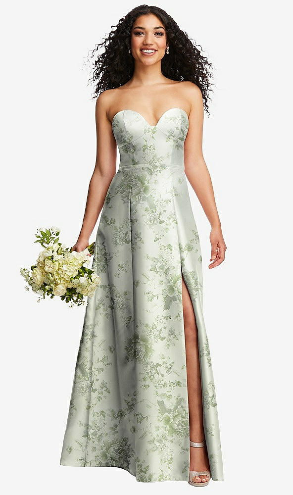 Front View - Sage Cottage Rose Strapless Bustier A-Line Floral Satin Gown with Front Slit