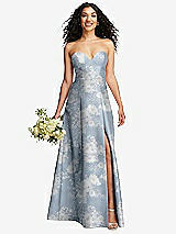 Front View Thumbnail - Porcelain Blue Seraphina Floral Strapless Bustier A-Line Floral Satin Gown with Front Slit