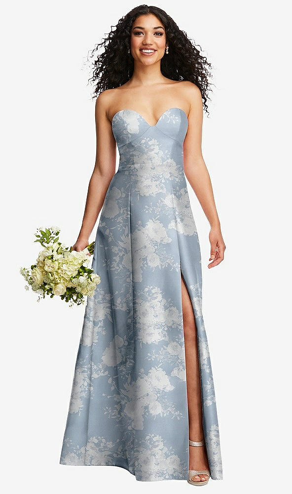 Front View - Porcelain Blue Seraphina Floral Strapless Bustier A-Line Floral Satin Gown with Front Slit