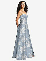 Side View Thumbnail - Porcelain Blue Seraphina Floral Strapless Bustier A-Line Floral Satin Gown with Front Slit