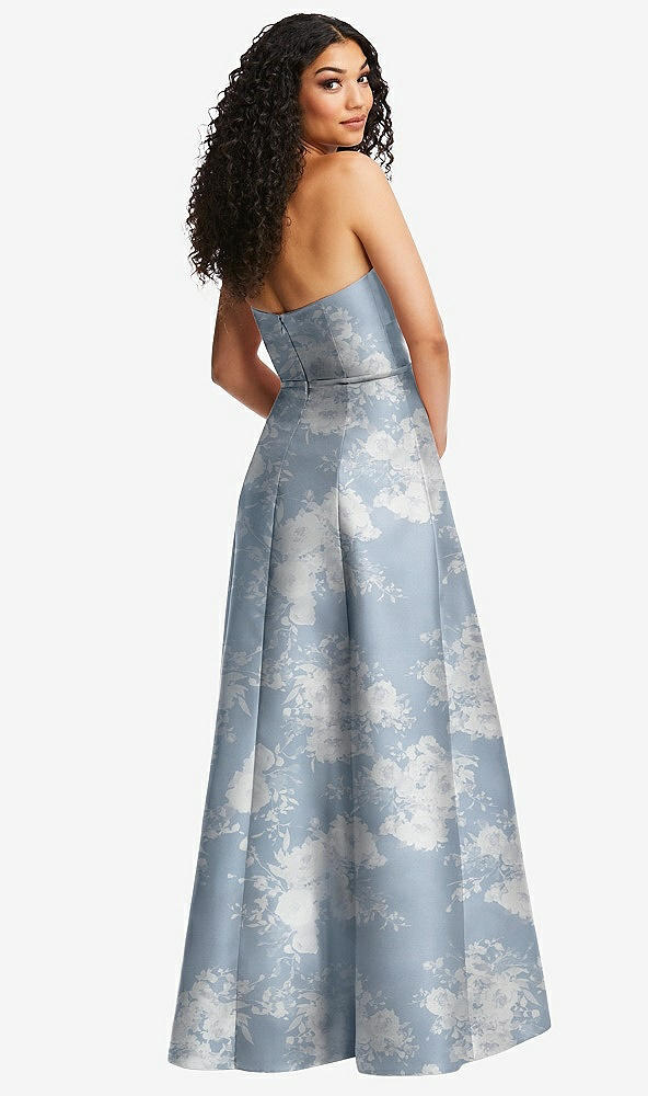 Back View - Porcelain Blue Seraphina Floral Strapless Bustier A-Line Floral Satin Gown with Front Slit