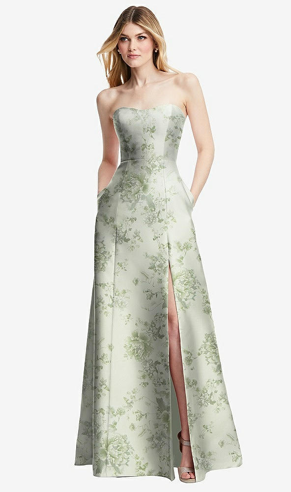 Front View - Sage Cottage Rose Strapless A-line Floral Satin Gown with Modern Bow Detail