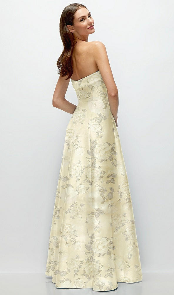 Back View - Butter Yellow Floral Strapless Bias Cuff Bodice Floral Satin Gown with Pockets