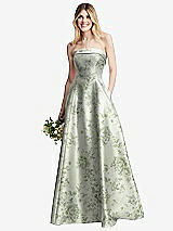 Alt View 1 Thumbnail - Sage Cottage Rose Strapless Bias Cuff Bodice Floral Satin Gown with Pockets