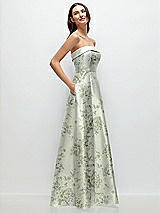 Alt View 3 Thumbnail - Sage Cottage Rose Strapless Bias Cuff Bodice Floral Satin Gown with Pockets