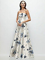 Front View Thumbnail - Inkwash Blue Floral Strapless Bias Cuff Bodice Floral Satin Gown with Pockets