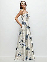Side View Thumbnail - Inkwash Blue Floral Strapless Bias Cuff Bodice Floral Satin Gown with Pockets