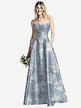 Alt View 1 Thumbnail - Porcelain Blue Seraphina Floral Strapless Bias Cuff Bodice Floral Satin Gown with Pockets