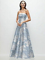 Alt View 2 Thumbnail - Porcelain Blue Seraphina Floral Strapless Bias Cuff Bodice Floral Satin Gown with Pockets