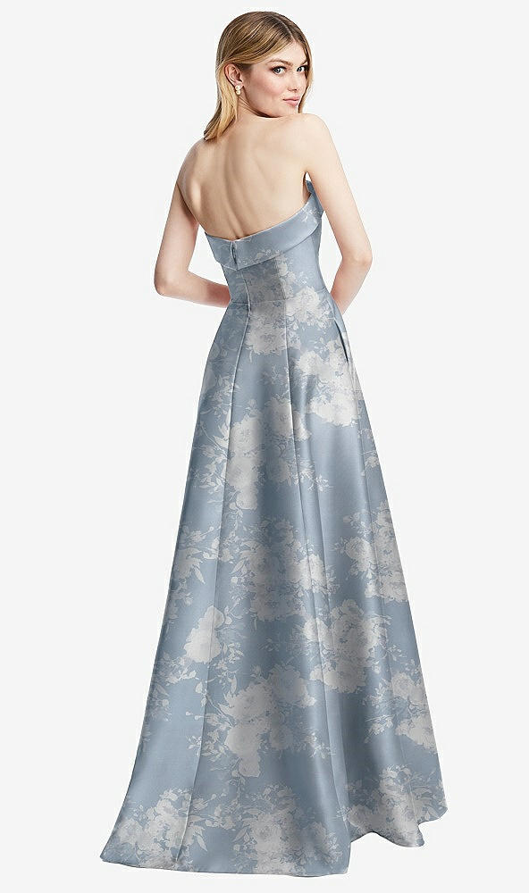 Back View - Porcelain Blue Seraphina Floral Strapless Bias Cuff Bodice Floral Satin Gown with Pockets