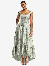 Front View Thumbnail - Sage Cottage Rose Cap Sleeve Deep Ruffle Hem Floral High Low Dress with Pockets