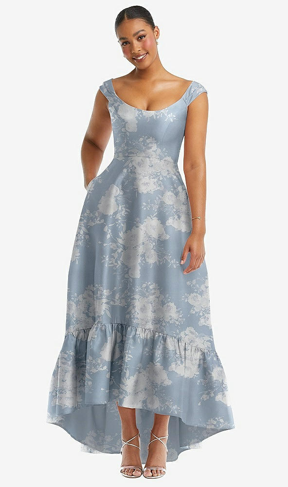 Front View - Porcelain Blue Seraphina Floral Cap Sleeve Deep Ruffle Hem Floral High Low Dress with Pockets