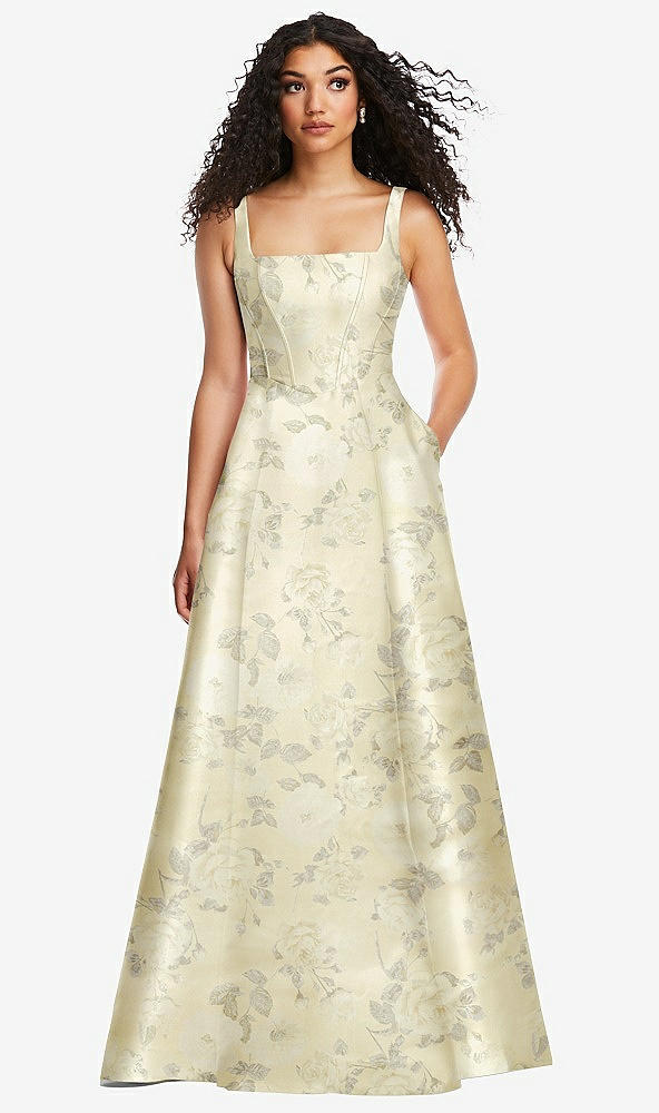 Front View - Butter Yellow Floral Boned Corset Closed-Back Floral Satin Gown with Full Skirt