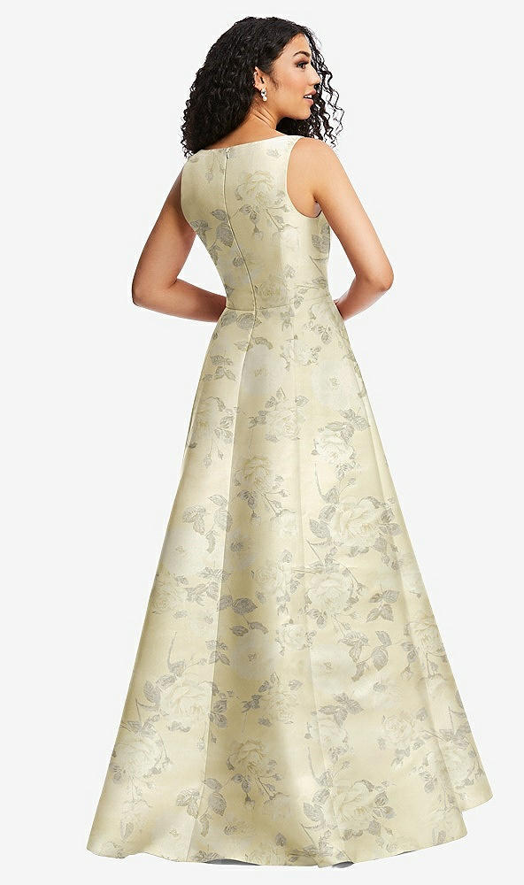 Back View - Butter Yellow Floral Boned Corset Closed-Back Floral Satin Gown with Full Skirt