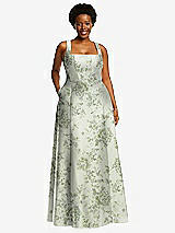 Alt View 1 Thumbnail - Sage Cottage Rose Boned Corset Closed-Back Floral Satin Gown with Full Skirt