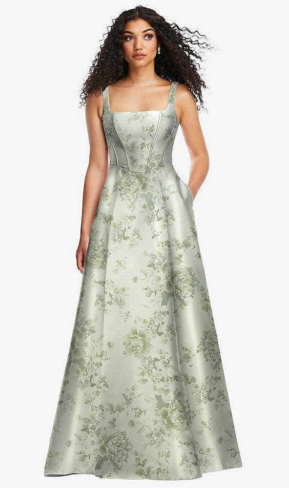 Front View - Sage Cottage Rose Boned Corset Closed-Back Floral Satin Gown with Full Skirt