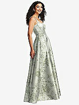 Side View Thumbnail - Sage Cottage Rose Boned Corset Closed-Back Floral Satin Gown with Full Skirt