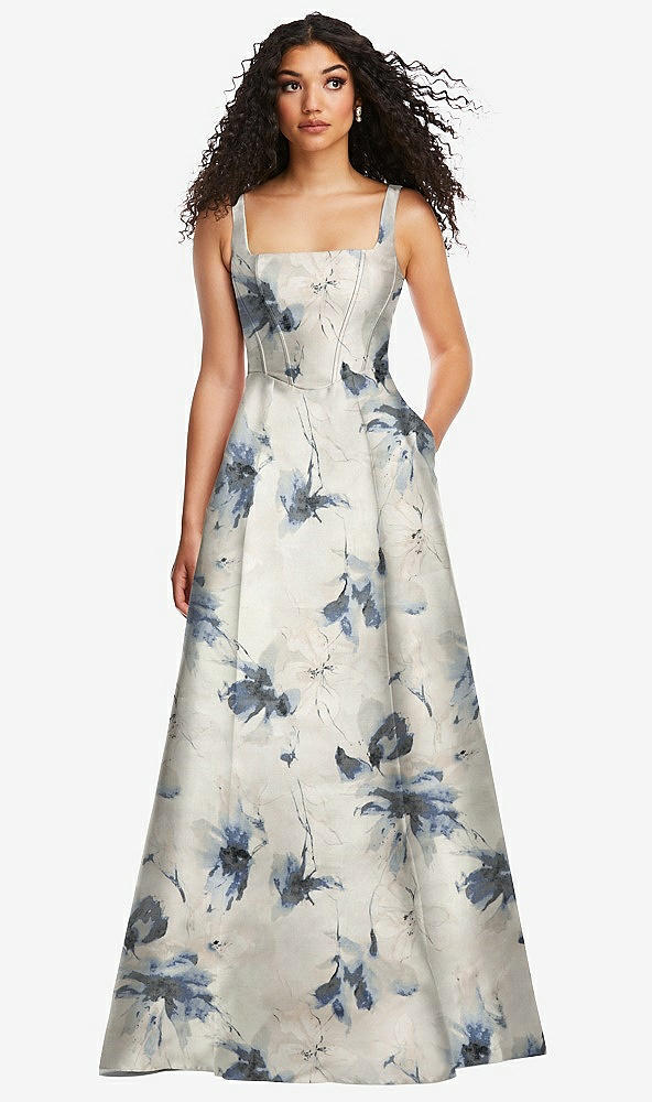 Front View - Inkwash Blue Floral Boned Corset Closed-Back Floral Satin Gown with Full Skirt