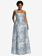 Alt View 1 Thumbnail - Porcelain Blue Seraphina Floral Boned Corset Closed-Back Floral Satin Gown with Full Skirt