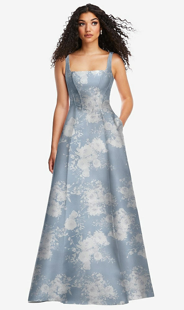 Front View - Porcelain Blue Seraphina Floral Boned Corset Closed-Back Floral Satin Gown with Full Skirt