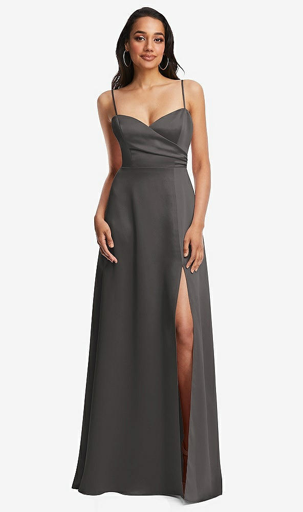 Front View - Caviar Gray Adjustable Strap A-Line Faux Wrap Maxi Dress