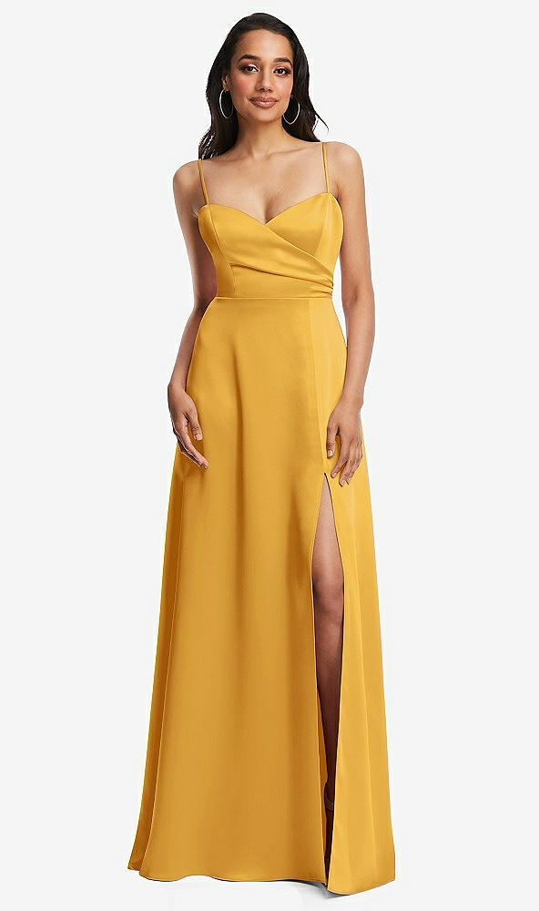 Front View - NYC Yellow Adjustable Strap A-Line Faux Wrap Maxi Dress