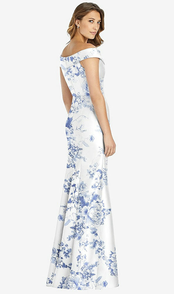 Back View - Cottage Rose Larkspur Off-the-Shoulder Cuff Floral Trumpet Gown with Front Slit