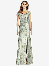 Front View Thumbnail - Sage Cottage Rose Off-the-Shoulder Cuff Floral Trumpet Gown with Front Slit