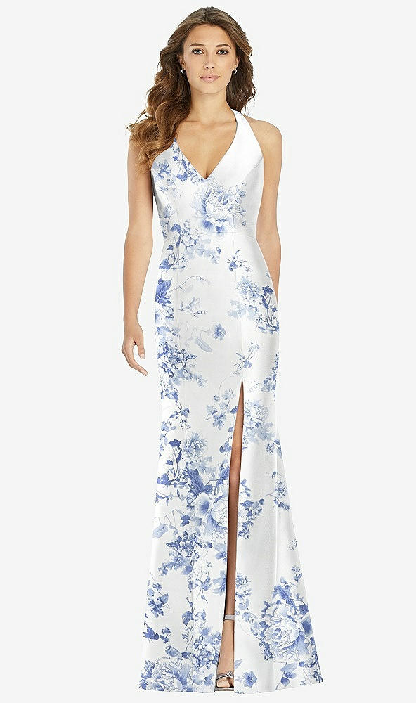 Front View - Cottage Rose Larkspur V-Neck Halter Floral Satin Trumpet Gown with Front Slit