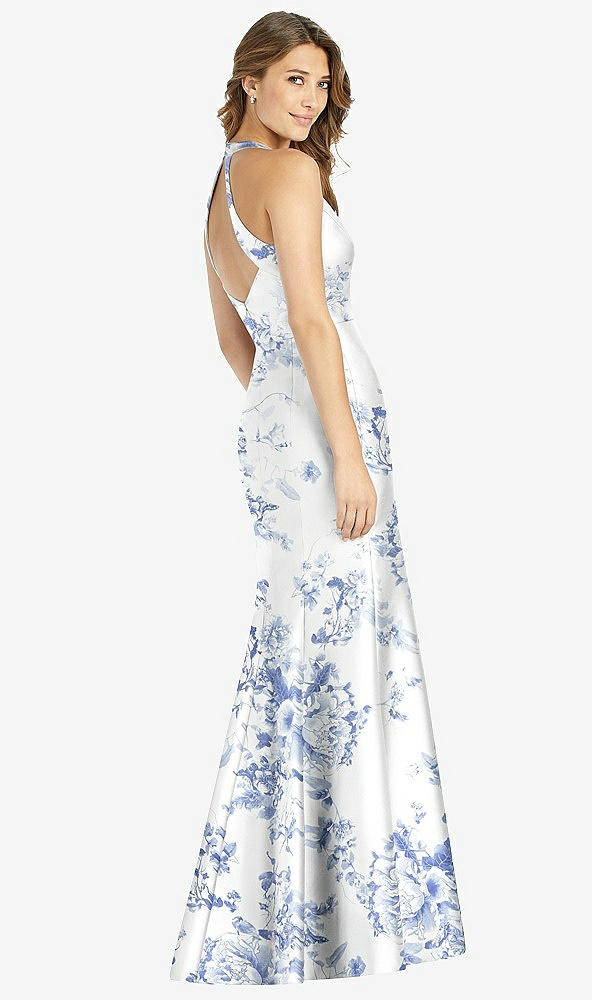 Back View - Cottage Rose Larkspur V-Neck Halter Floral Satin Trumpet Gown with Front Slit