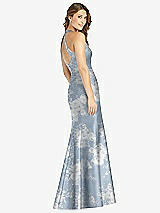 Rear View Thumbnail - Porcelain Blue Seraphina Floral V-Neck Halter Floral Satin Trumpet Gown with Front Slit