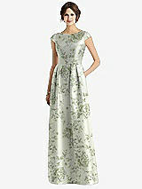 Front View Thumbnail - Sage Cottage Rose Cap Sleeve Pleated Skirt Floral Satin Dress with Pockets